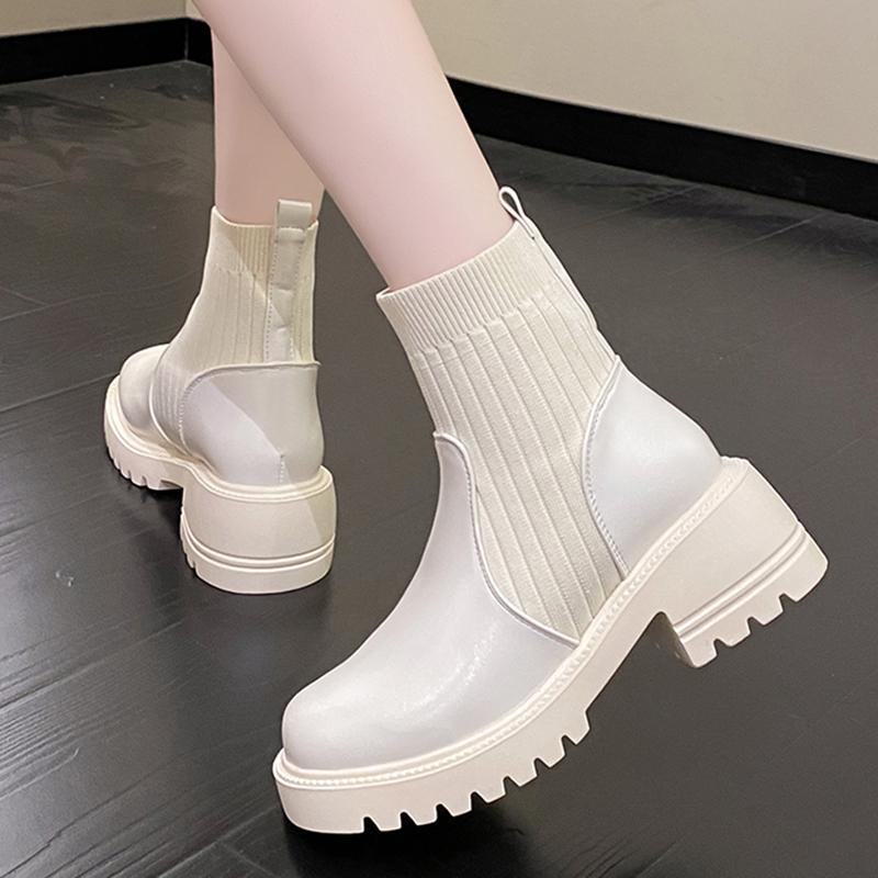 fashion Rimocy Women's Fashion Platform Ankle Boots Autumn Winter Chunky Heels Knitting Short Boots Woman Slip On PU Leather Botas Mujer