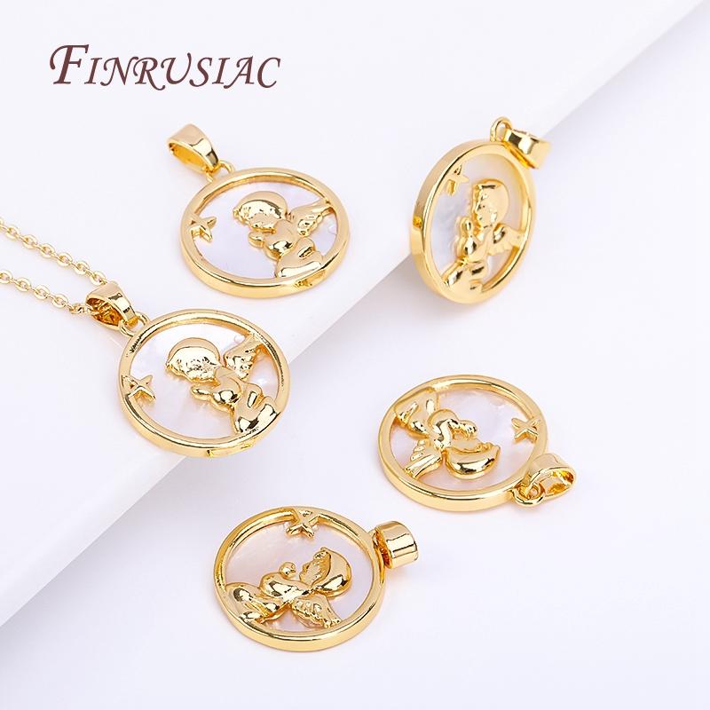 18K Real Gold Plated Natural Shell Round Charms DIY Handmade Jewelry,Angel Praying Suspension Pendant For Necklace Making