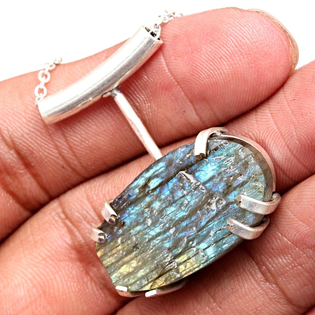 Pendant Silver  Peridot Labradorite Gemstone Jewelry Sterling 2.5" Fiery