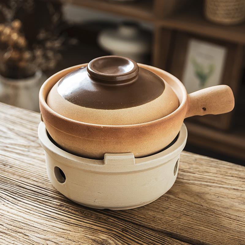 Pentola tradizionale in argilla con manico per ventilatore Baozai: Pentola per stufato resistente alle alte temperature con coperchio per stoviglie, zuppe e cottura su fornello a alcol