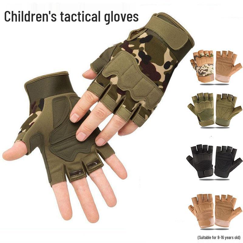 Dětské protiskluzové taktické rukavice bez prstů pro venkovní cyklistiku, věk 8-15 let, odolné proti opotřebení