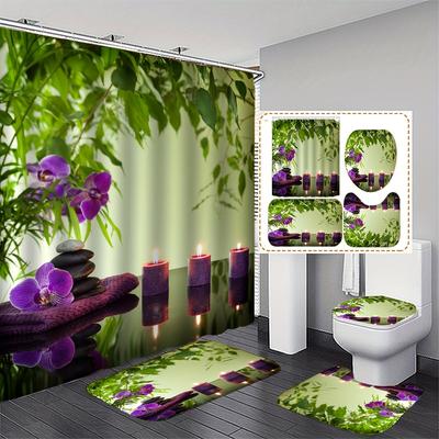 4Pcs Spa Orchids Blooms Treatment   Shower Curtain Sets for Bathroom Non-Slip Bathroom Rugs Lid Toilet Cover Bath Mat