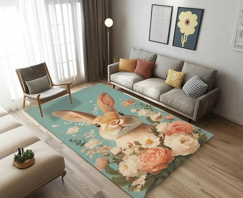 Woodland Peacock Accent Rug-Wildlife Carpet-Charcoal Nature Rug-Forest Rabbit Throw Rug Tones Area Mat-Botanical Magic Runner