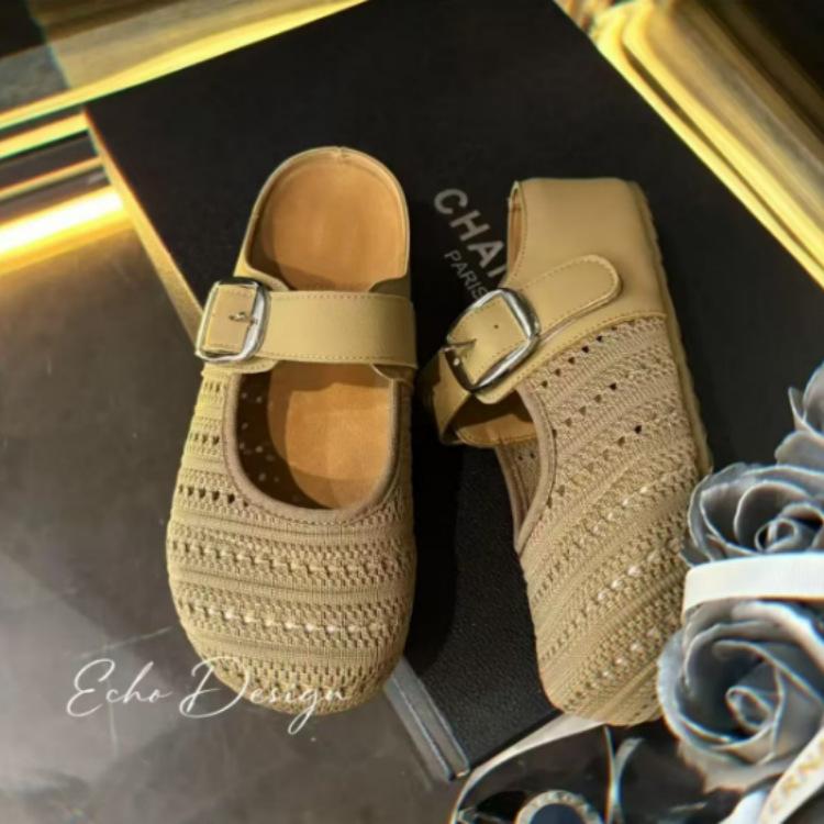 Woven Hollow Bag Head Half Slippers Women's Outer Wear 2025 New Summer with Skirt Mori Versatile Casual Cool Slippers