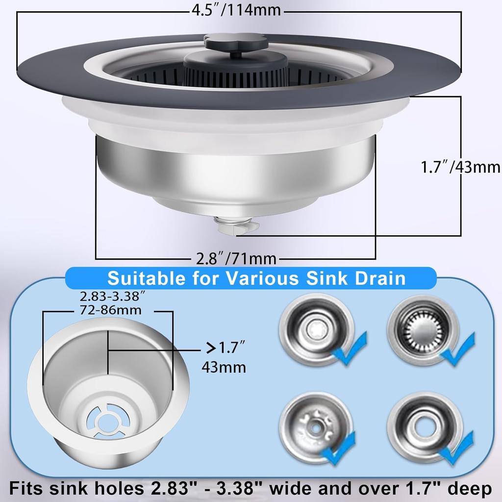 2 Pack - 3 in 1 Kitchen Sink Drain Strainer, 304 Stainless Steel Bounce Core Sink Stopper with Basket Filter Pop-up Sink Plug for Standard 3-1/2 Inch