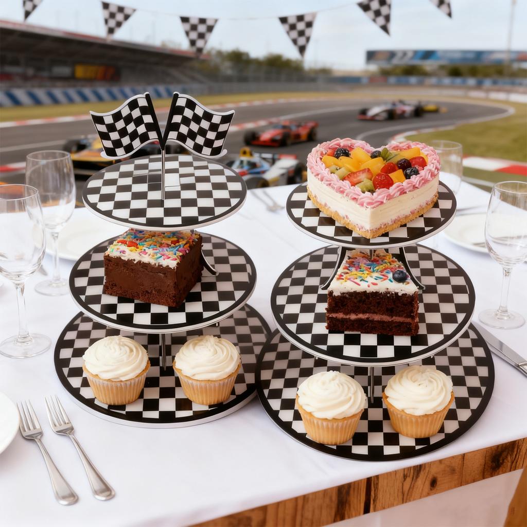 Black And White Plaid Racing Theme Three-Layer Paper Cake Stand Cake Dessert Ornament Table Pie