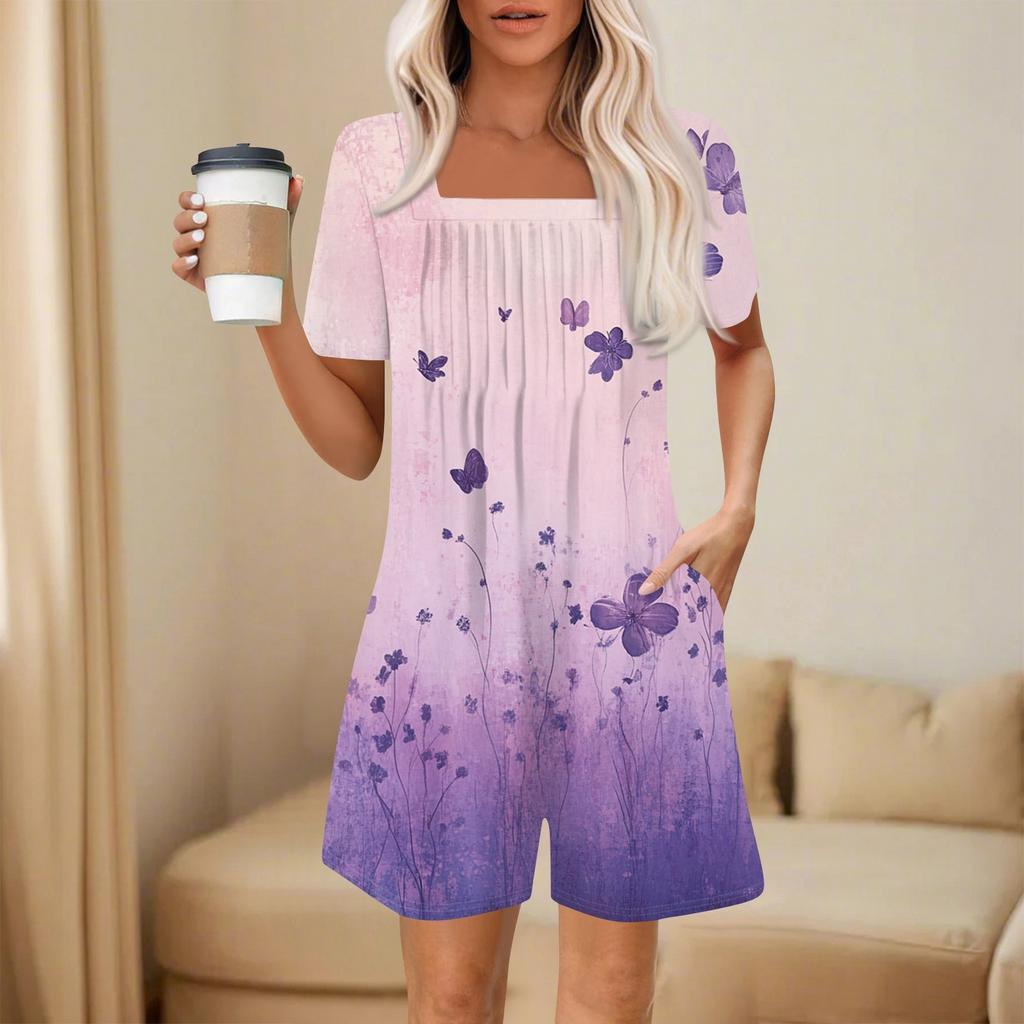 Damen Modischer und Lässiger Kurzarm-Plissee-Taschen-Jumpsuit Bedruckter Jumpsuit Shorts