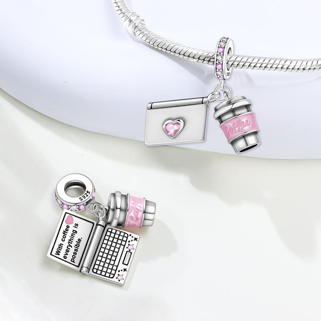 Charms Copper Pink Coffee Notebook Starry Sky Sun Moon Charms Beads Fit Original Bracelet Fine Diy Jewelry