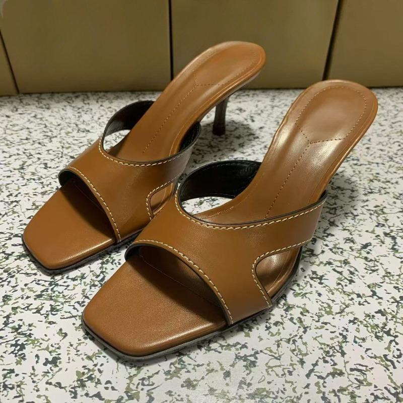 Summer Women High Heeled Sandals Open Toe Vintage Brown Pu Leather Outdoor Ladies Casual Stilettos Mules Shoes