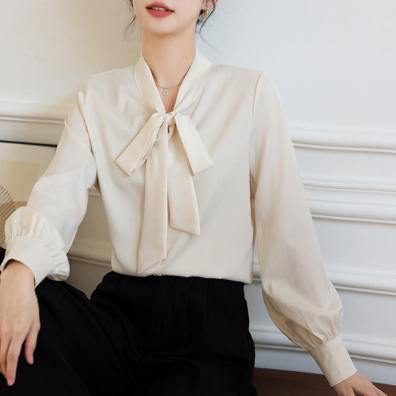 Mode Fliege Kragen Langarm Freizeit Hemd Damen Elegant Uni Schlicht Damen Blusen und Oberteile Vintage Slim Fit Weiße Bluse Damenbekleidung 25852