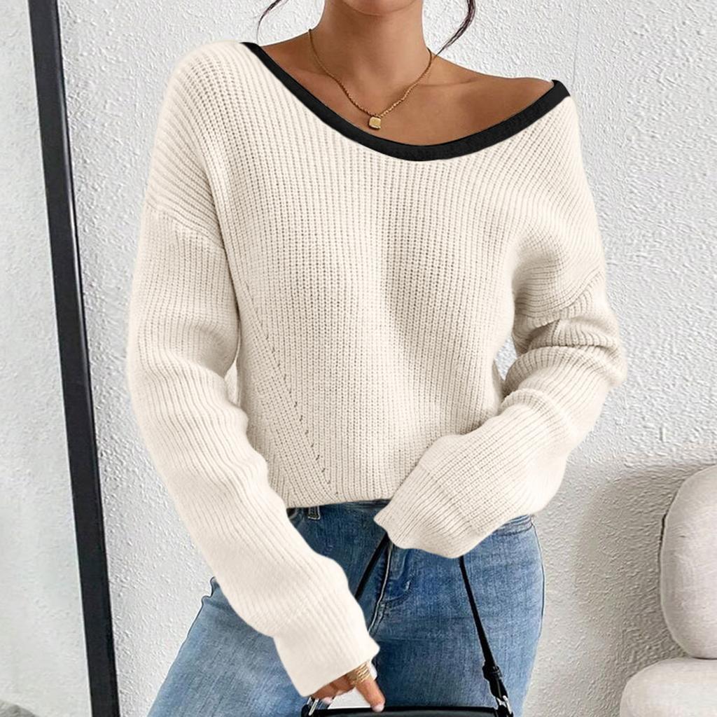 Women's Fall Winter Long Sleeve Round Neck Pullover Sweater with Back Knit Top