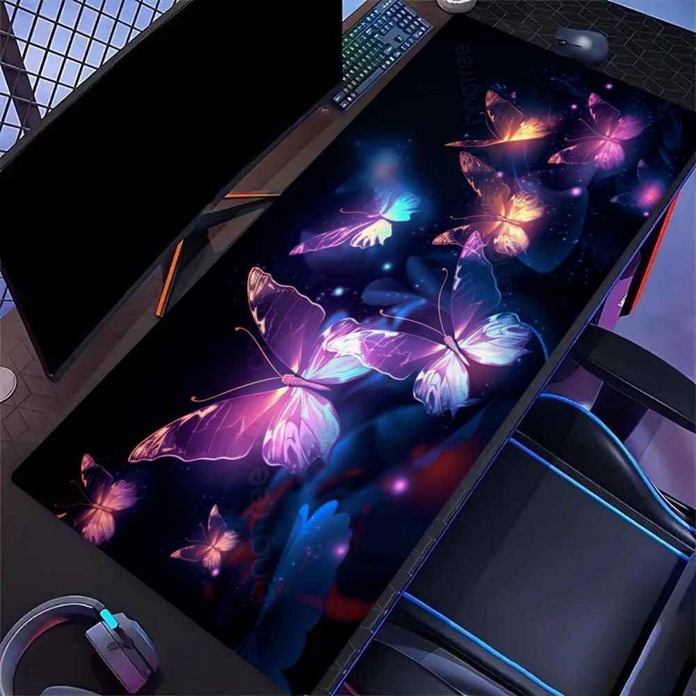 Non‑Slip Rubber Extended Keyboard Mousepad, Sparkly Galaxy Butterfly Purple‑Tone Desk Mat for Gaming Zone & Office Workstation