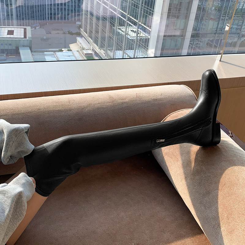 Krazing Pot Podzimní zimní boty z hovězí kůže Velikost 43 Silné nízké podpatky Stovepipe Strečové boty Dámské Teplé kozačky nad kolena