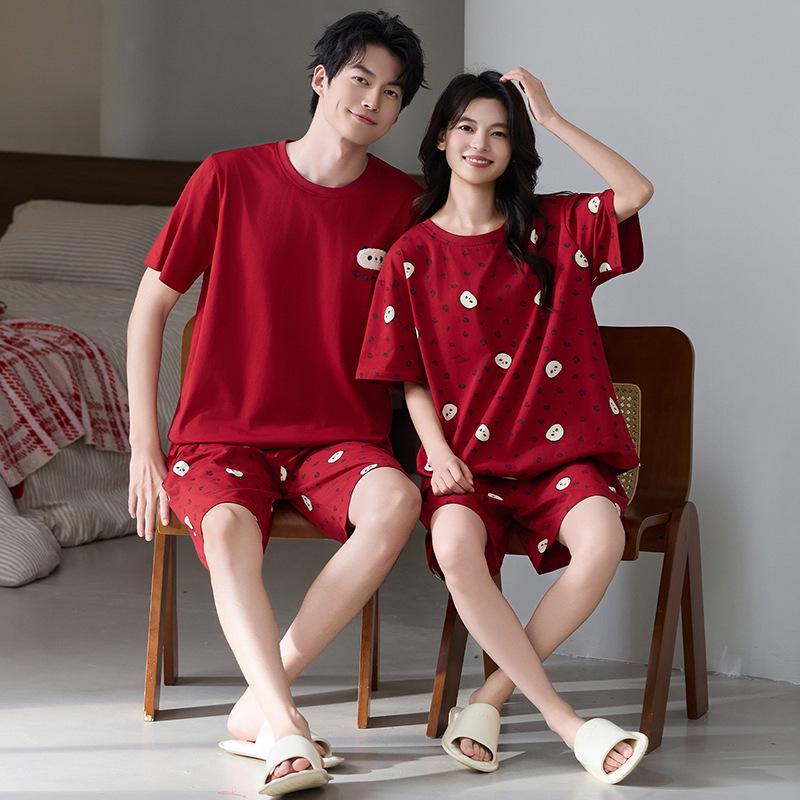 Rotes Baumwoll-Stretch-Pyjama-Set für Paare - Kurzarm, Rundhalsausschnitt, Sommer-Haus- & Outdoor-Bekleidung