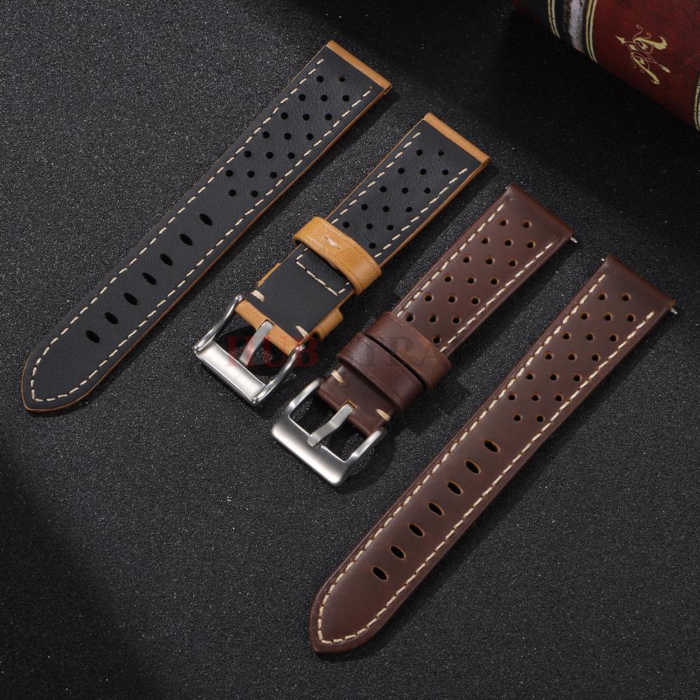 18mm 20mm 22mm 24mm Vintage Handmade Watchband Racing Cowhide Strap for Men Gray Black Brown Blue Breathable Porous Watchbands