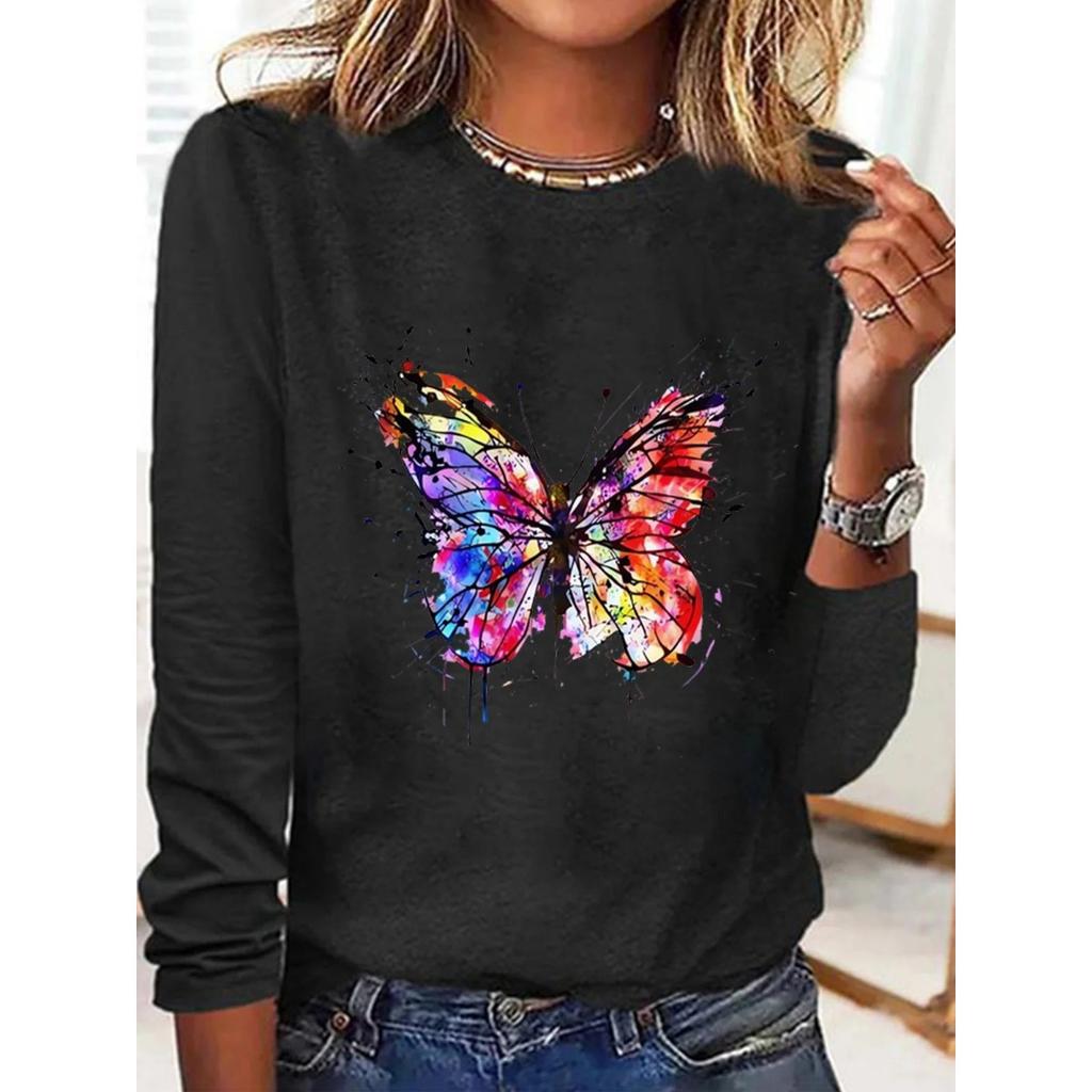 Round Neck 3D Printed Butterfly Pattern Top Fashionable Casual Long Sleeved Women's T-shirts