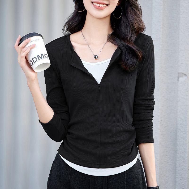 Dámské tričko s falešným dvoudílným designem, sešívané, podzimní vnitřní top s dlouhým rukávem