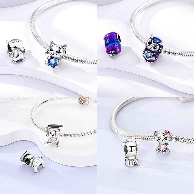 Charms Kupferrosa Katze Eule Tier Herz Zirkonia Charm Perlen Passen Original Armbänder Feiner DIY Schmuck