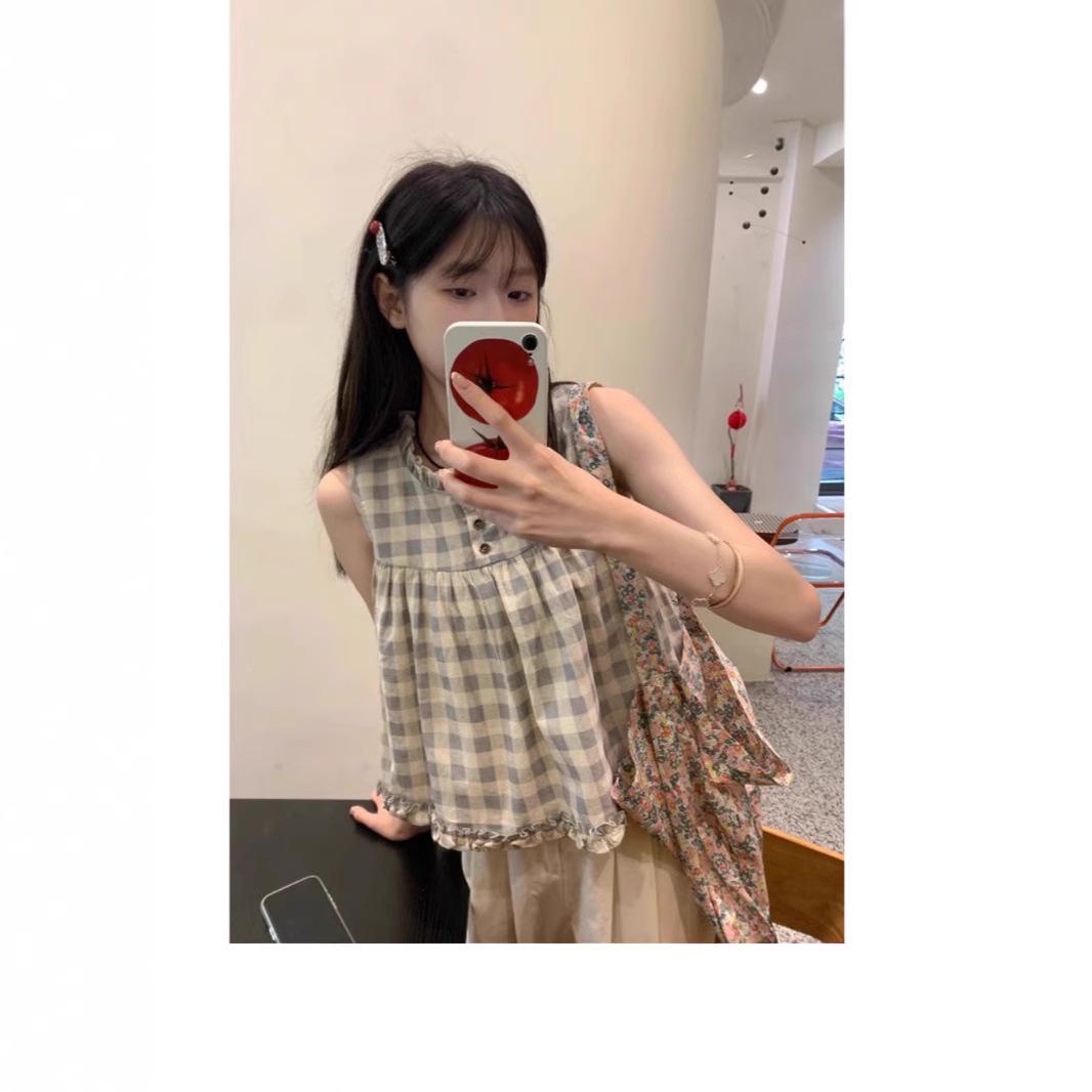 

2024 Petite Japanese Plaid Sleeveless Babydoll Top for Women Large