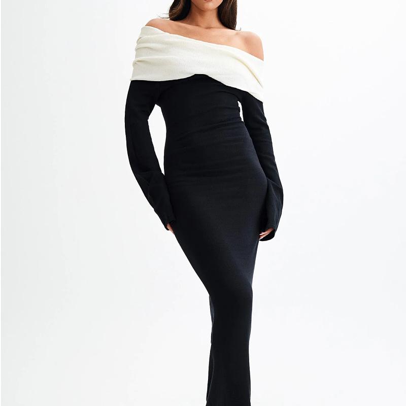 Dámské bodycon svetrové šaty s odhalenými rameny, s dlouhým rukávem, elegantní, žebrované, koktejlové, formální, podzimní, jarní, pletené, maxi šaty