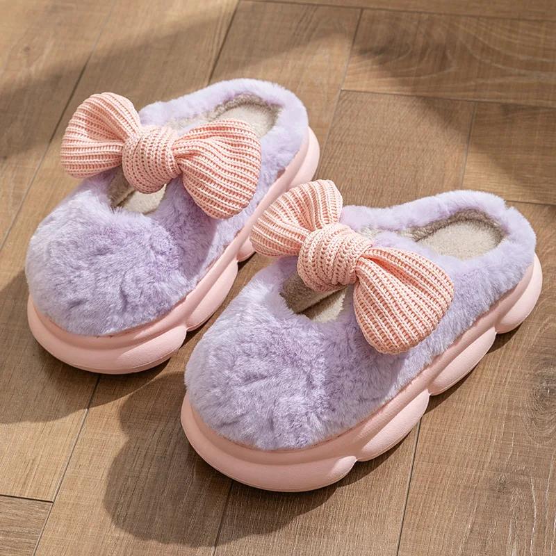 

Модные зимние женские теплые тапочки с милым бантом, осенние, противоскользящие, для дома, улицы, на плоской подошве, с толстой подошвой, модные хлопковые туфли 2025 40-41 фиолетовый