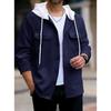 Men's Contrast Black Hood Textured Shirt Jacket Button Up Casual Outerwear with Pockets