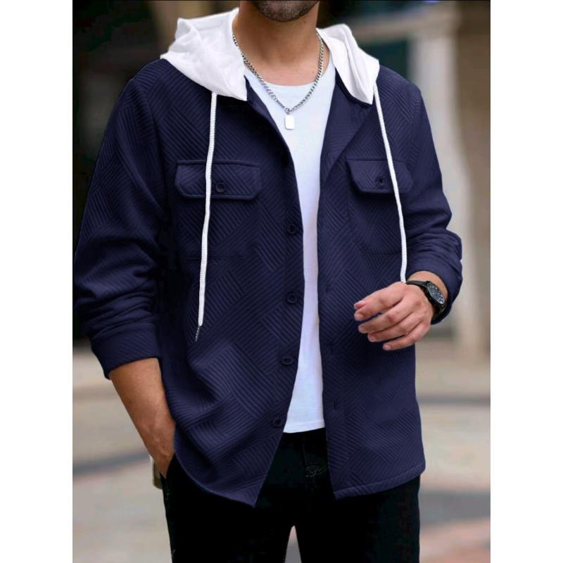 

Men s Contrast Black Hood Textured Shirt Jacket Button Up Casual Outerwear with Pockets S темно-синий