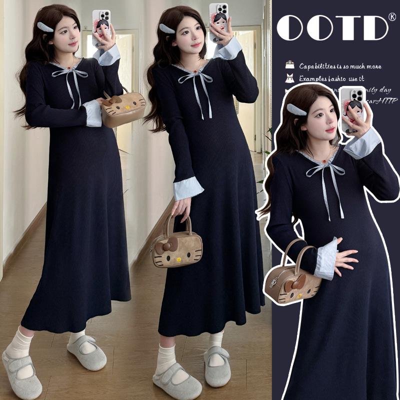 Autumn/Winter 2025 French-Style High-End Navy Blue Maternity Dress