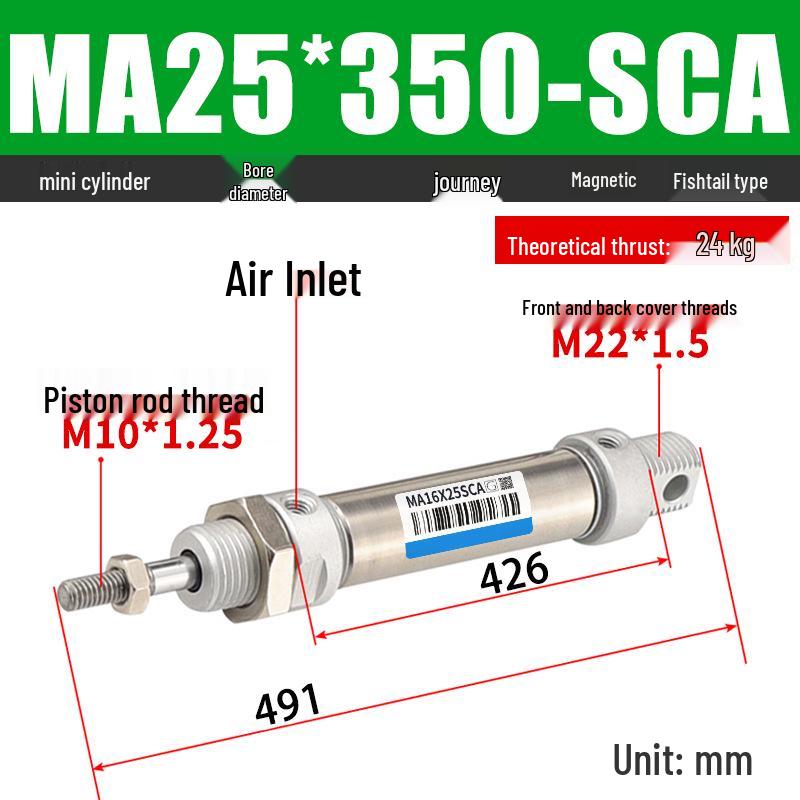 Mini Stainless Steel Pneumatic Cylinder MA Series (16-40mm Bore, 50-200mm Stroke)