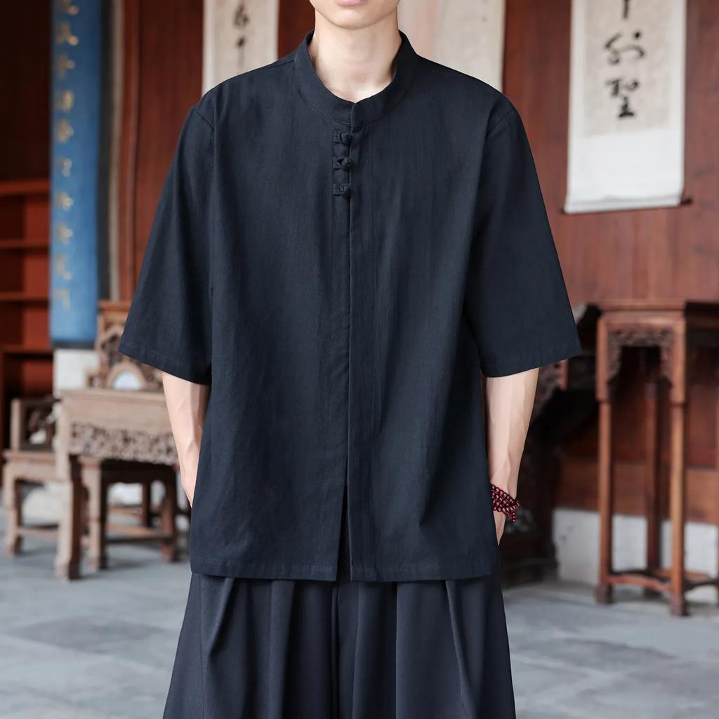 Summer Chinese Style Hanfu Stand Collar Frog Button Short Sleeve Shirt Men Retro Cotton Breathable Loose Oriental Casual Top
