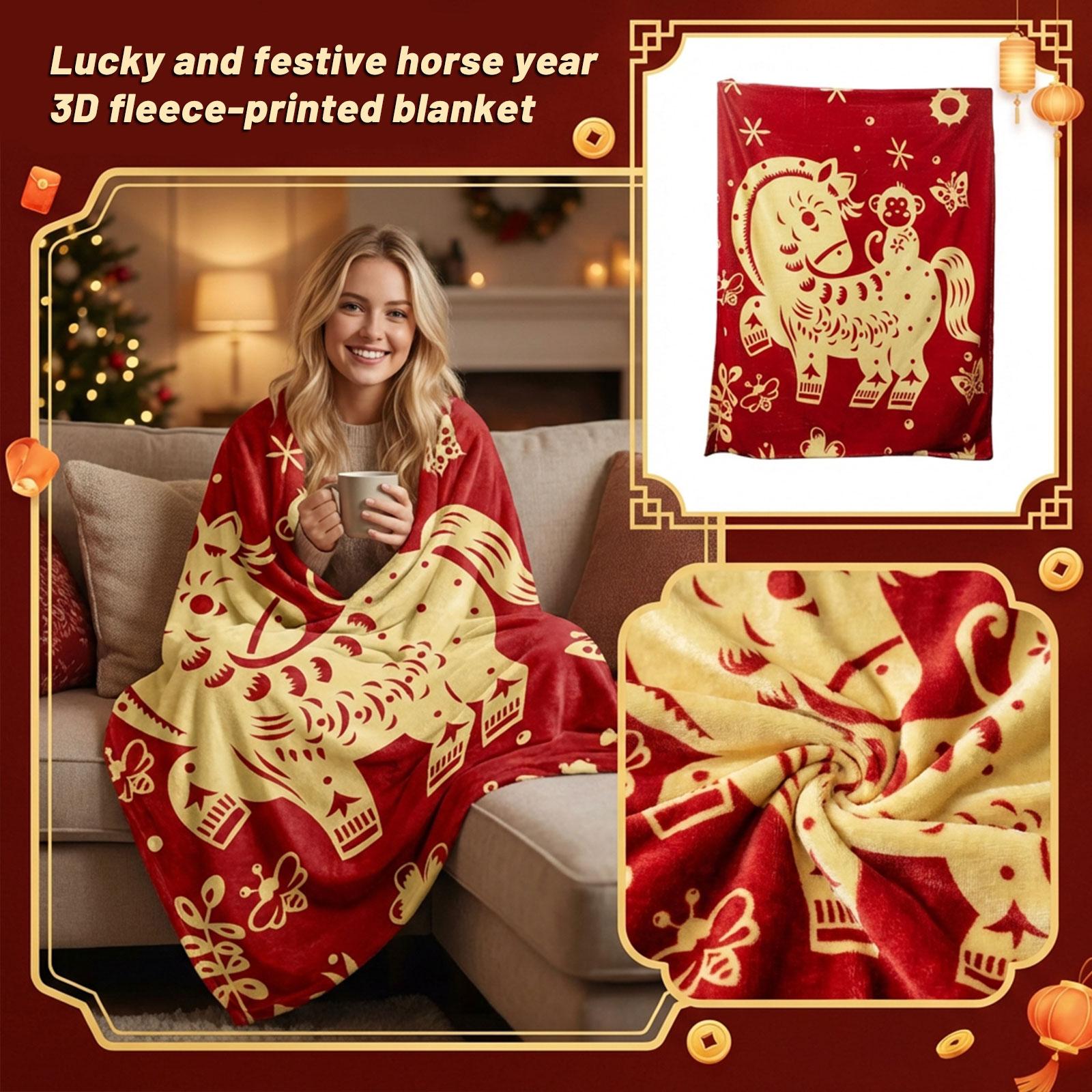 

3D Flannel Printed Blanket For The Lunar New Year Of The- Horse - Auspicious And Festive , Suitable For Student Dormitories One Size