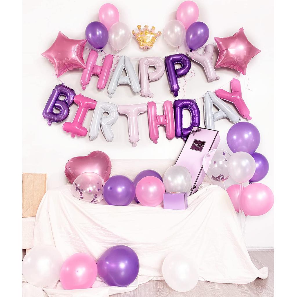 Iysoll Birthday Balloon Decoration Set Garland Crown Confetti Balloons Surprise Party Supplies Purple Pink