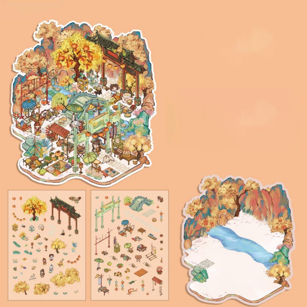 

Китайские ретро 3D наклейки с многослойным пейзажем, мультяшные наклейки для ландшафтного дизайна, родитель-ребенок 3