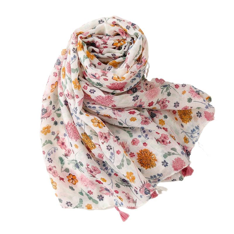 Silk Scarf: Spring/Summer 2021 Bali Yarn, Floral Color Block, Sunscreen Tassel Beach Wrap for Women