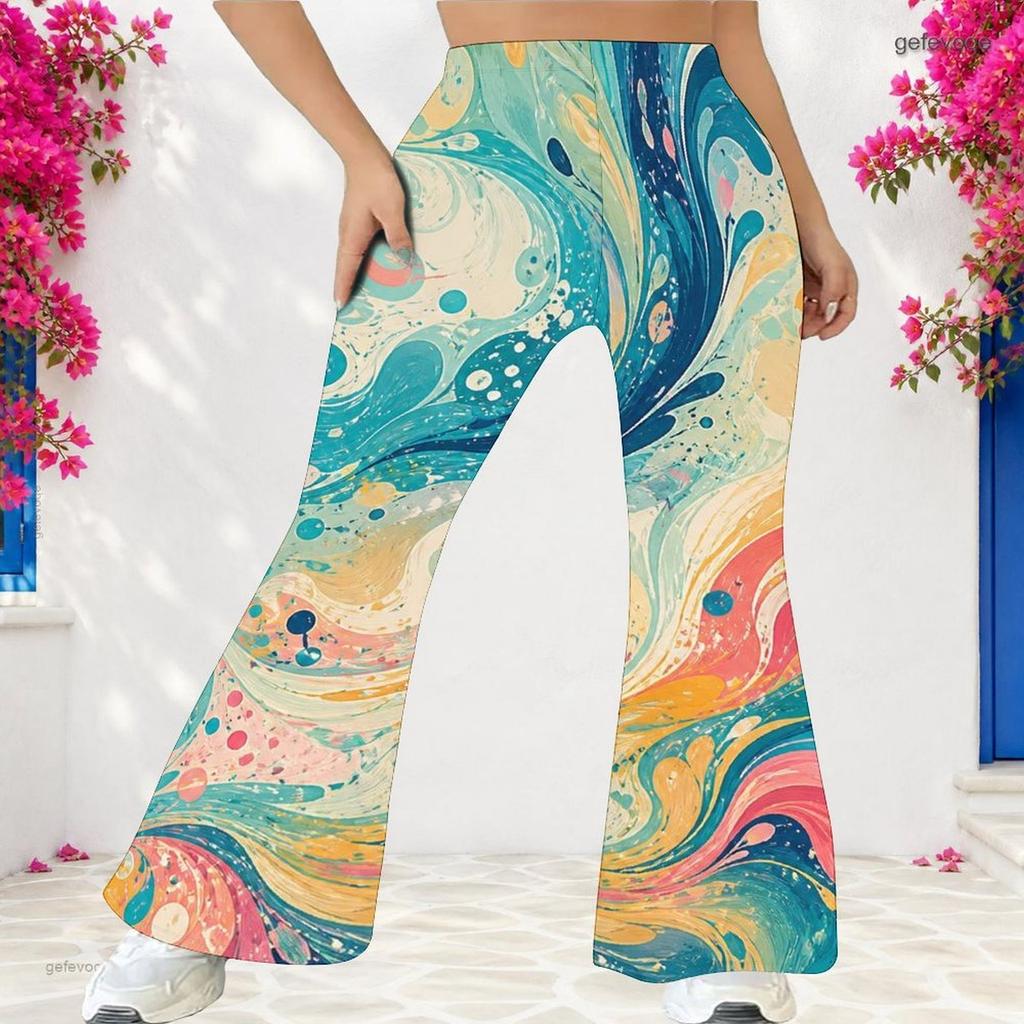 Women's Casual High Waist Flare Pants, Geometric Pattern Print Streetwear Bell Bottom Trousers