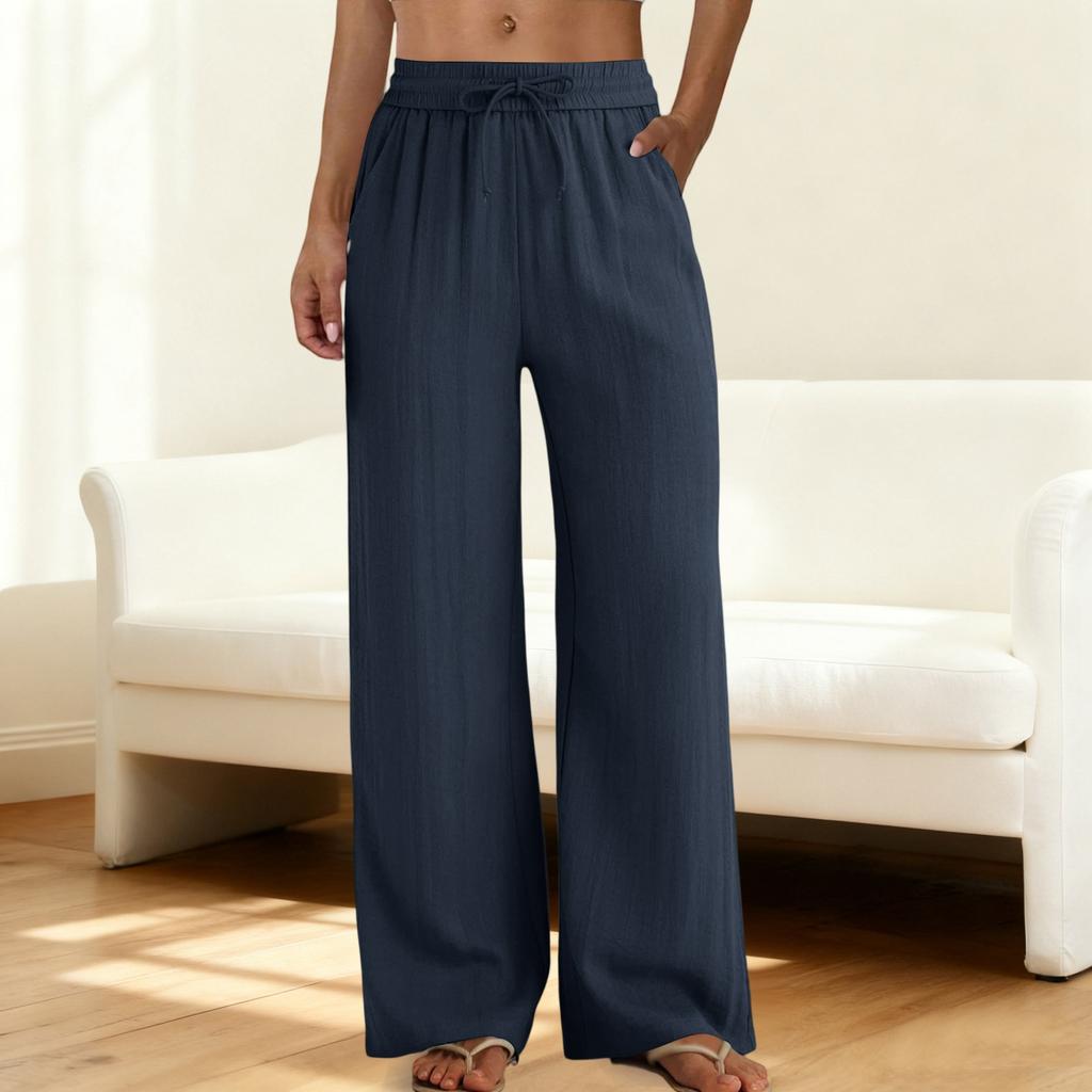 Wide Leg Pants for Women Flowy  Drawstring Elastic Waist Trousers with Pockets Summer Beach Vacation Clothes