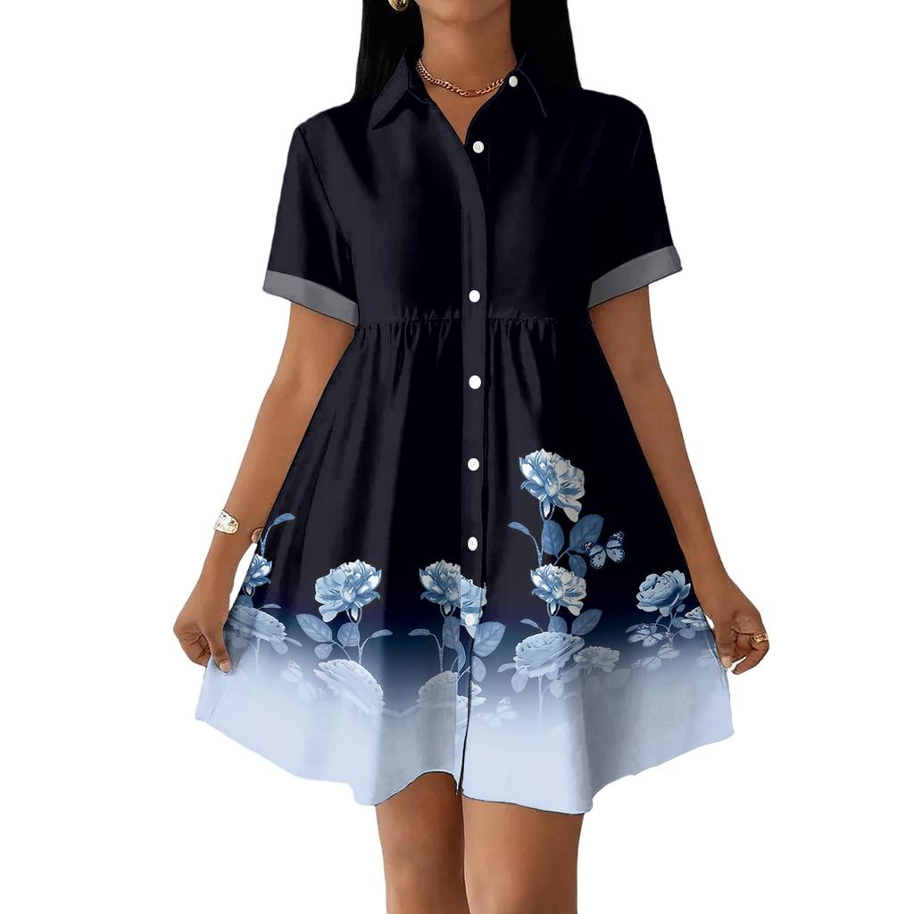 Women’s Casual Loose Fit Shirt Dress Button Front Stand Collar Short Sleeve Relaxed Tunic Dress with Geometric Print