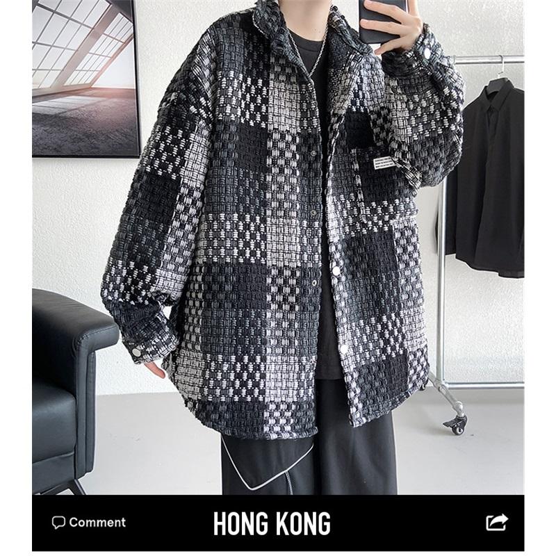 Men's Plaid Tweed Jacket Casual Button Down Shacket Coat Long Sleeve Loose Fit Streetwear Autumn Winter Fashion Outerwear
