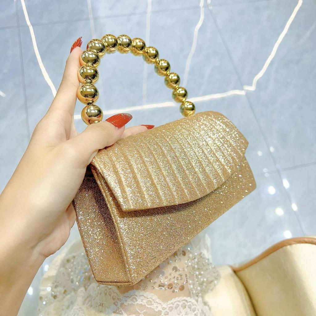 Elegant Pearl String Pleated Clutch - Sparkly Evening Handbag