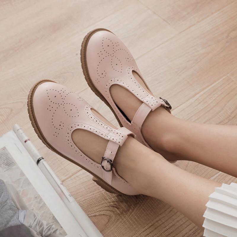 Fashion Women Flats Shoes Big Size 33-43 Retro College Wind Round Buckle Thick Crust Muffin Shoes Small Doll Leather Sweet Zapatos Mujer