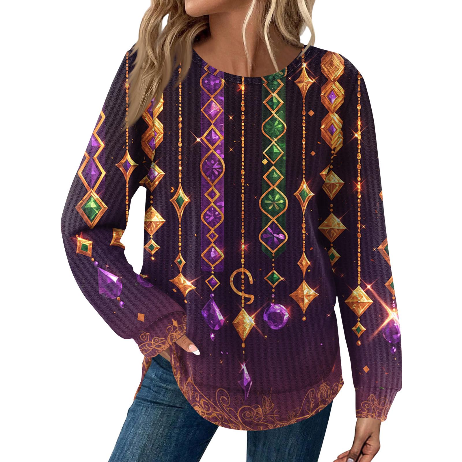 

Женская мода Свободный топ с длинным рукавом и карнавальным принтом, с круглым вырезом, повседневный XXL фиолетовый