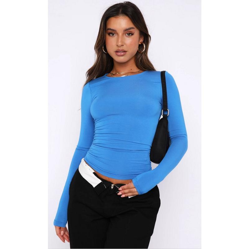 Autumn Women Slim Round Neck Cropped Tops Long Sleeve Show Navel Solid Temperament Color T-Shirt