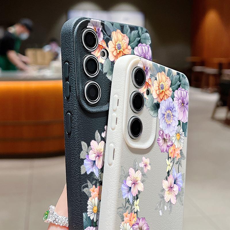Flowers Leather Texture TPU Case For Samsung Galaxy S25 S24 S23 Ultra S24 FE S22 Plus A56 A55 A54 A16 A36 A15 A34 A26 5G Cover