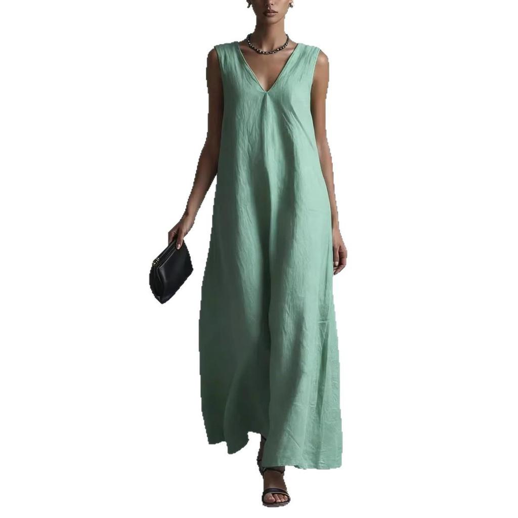 2026 European & American V-neck Sleeveless Women's Cotton Linen Casual Dress