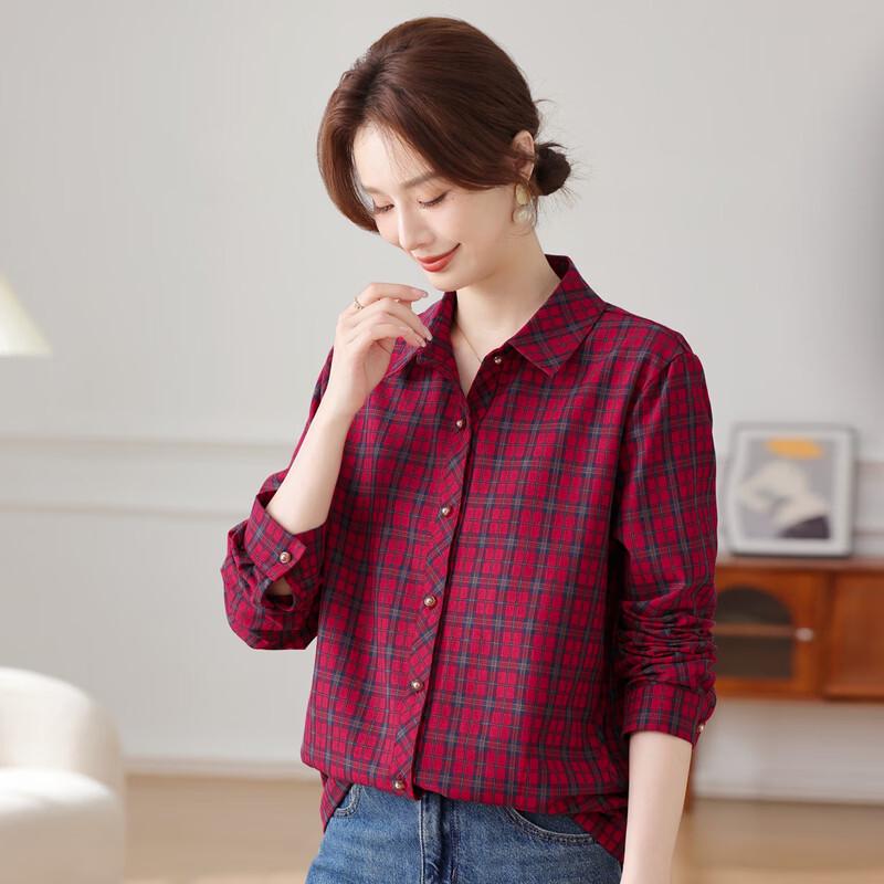 Yalu Women's Retro Plaid Long-Sleeve Button-Up Shirt