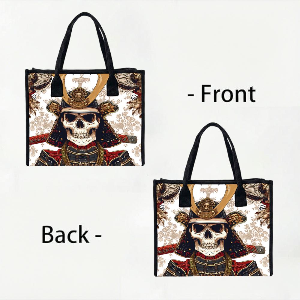 Cool Samurai Skull Pattern Tote Bag Trendy Street Style Daily Use Portable Shopping Handbag
