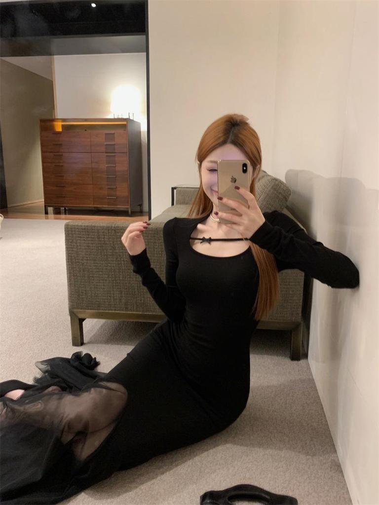 Elegant Plus Size French Style Black Mesh Fishtail Dress with Inner Long Skirt