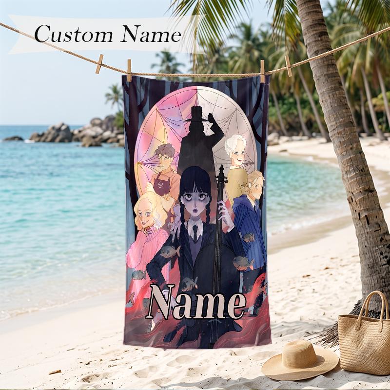 Wednesday Custom Name Printed Beach Towel Personalized Soft Towel For Swimming Beach Travel