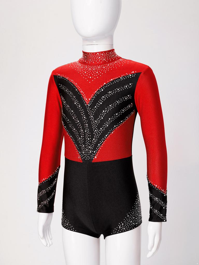 Kids Girls Stylish Clothing Long Sleeve Stand Collar Shiny Rhinestone Decor Contrast Color Gymnastic Dance Jumpsuit