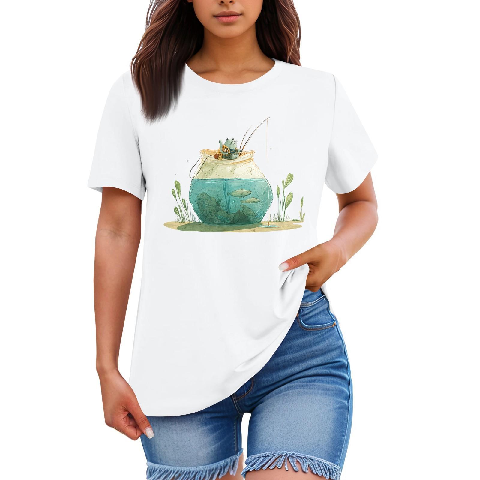 

Ladies Loose Comfortable Casual Fashionable Animal Print Round Neck Short Sleeved Shirt M білий